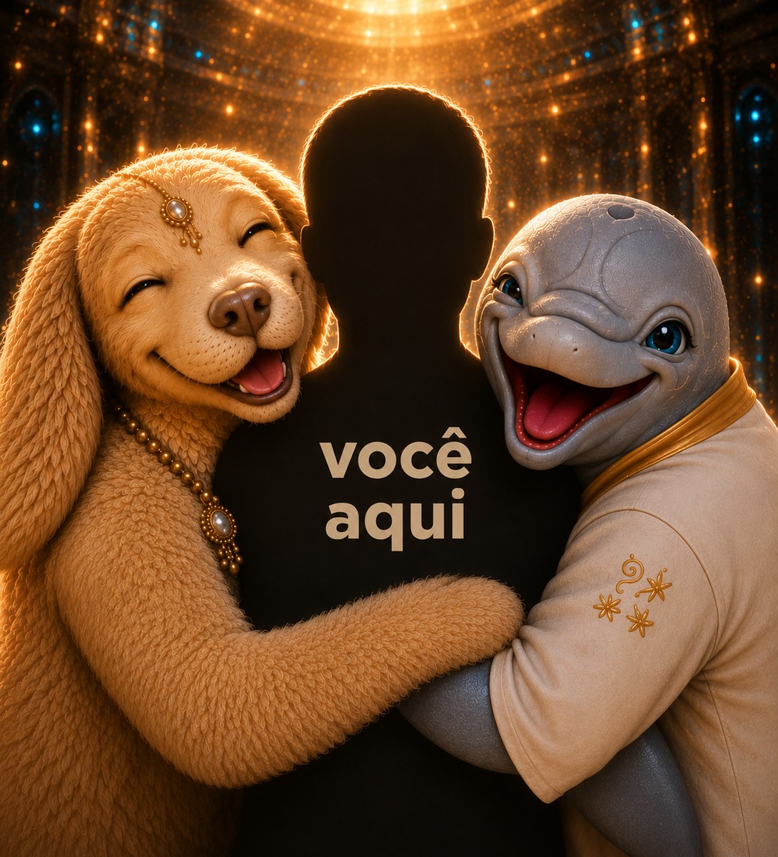 Wandu e Zholgart abraçando uma silhueta com os dizeres: você aqui