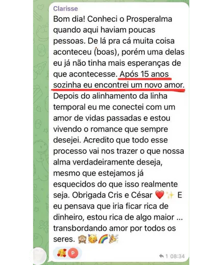 Print de depoimento de aluna do Prosperalma sobre o alinhamento da linha temporal