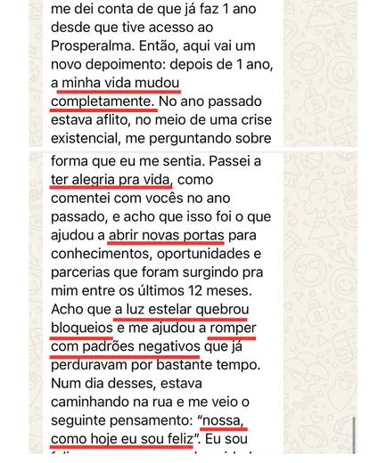 Print de depoimento de aluno, um ano depois do Prosperalma
