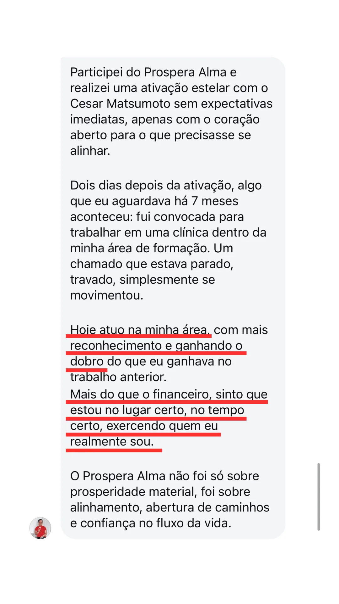 Print de depoimento da Lilian sobre atuar na própria área ganhando o dobro