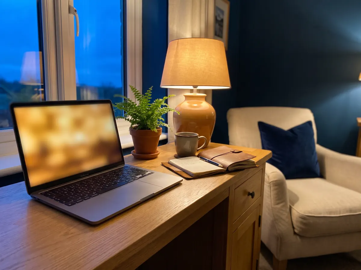 Mesa com notebook aberto perto da janela, xícara de chá e caderno, pronta para uma sessão online
