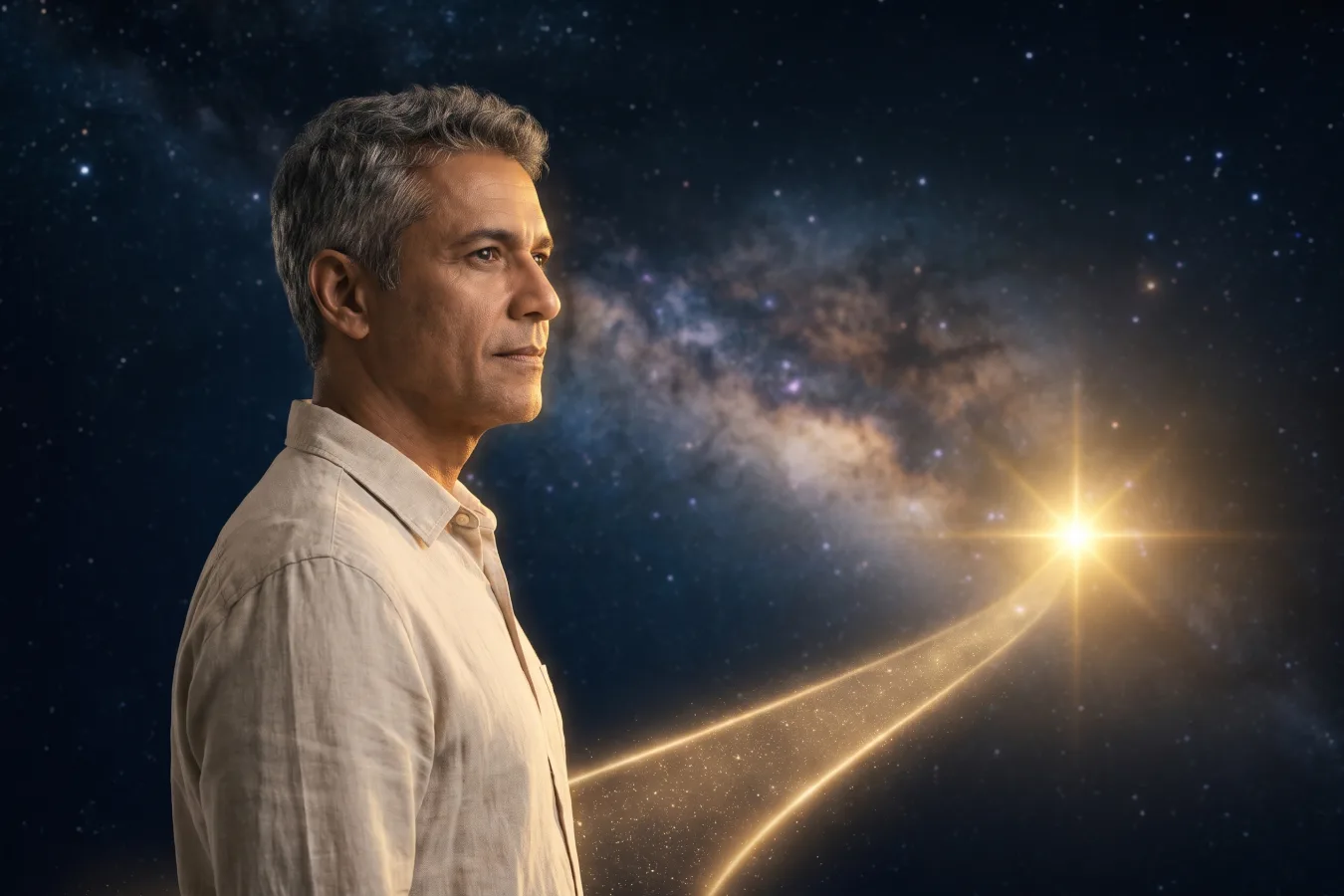 Homem olhando com calma para uma estrela dourada, com um caminho de luz à frente, num céu estrelado