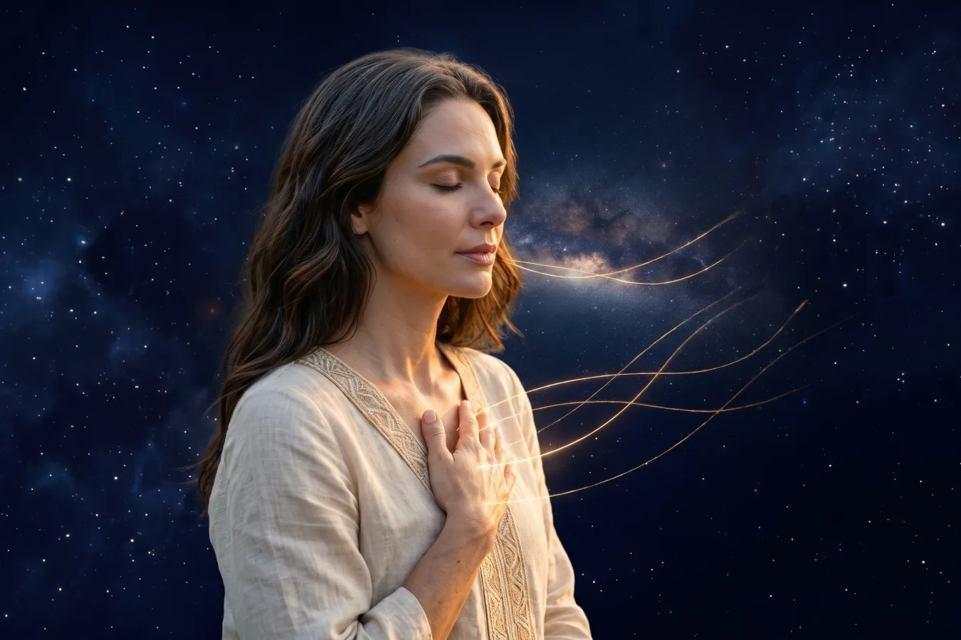 Mulher de olhos fechados, com a mão no peito, soltando fios de luz dourada num céu estrelado