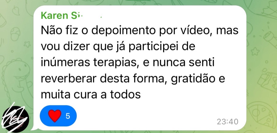 Depoimento de Karen, em print do Telegram: já participou de inúmeras terapias e nunca sentiu reverberar desta forma.