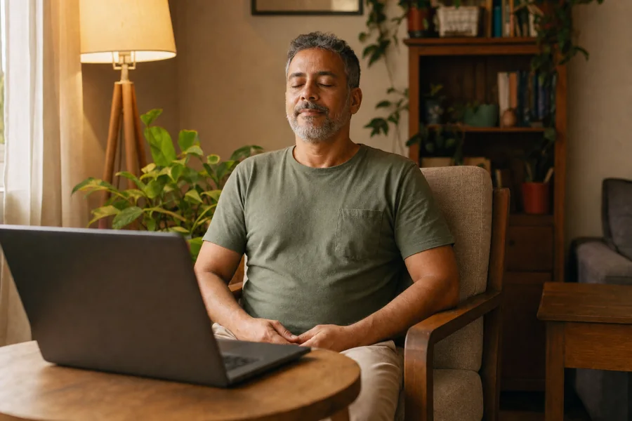 Homem de cerca de 50 anos sentado em casa diante do notebook, de olhos fechados e rosto sereno, durante uma sessão online