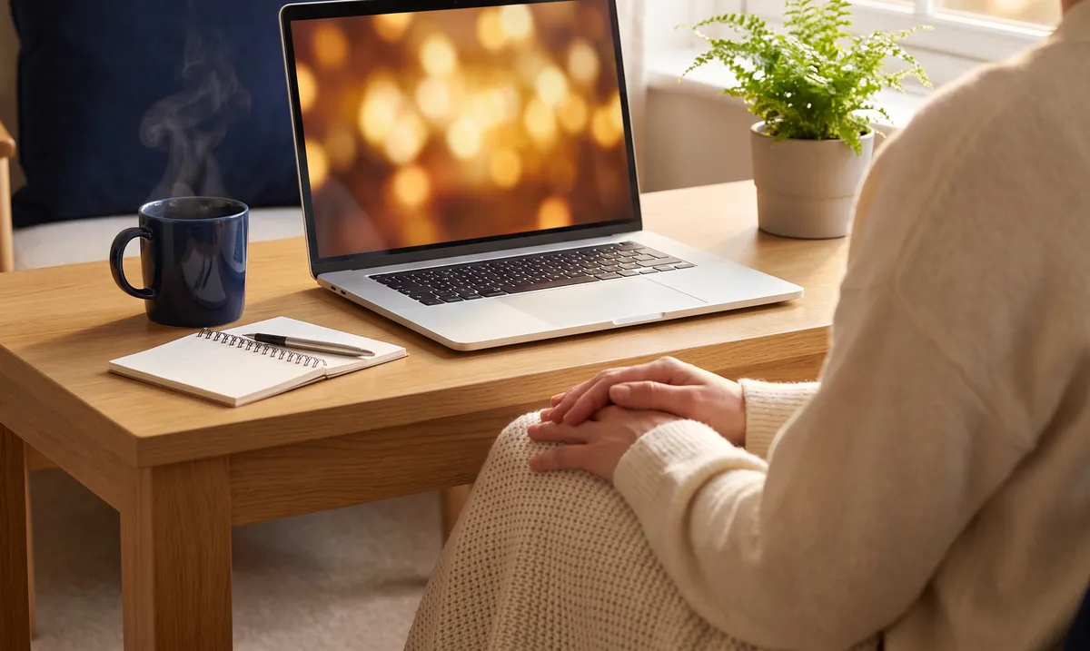 Mesa com notebook, caderno e uma xícara, pronta para uma sessão online