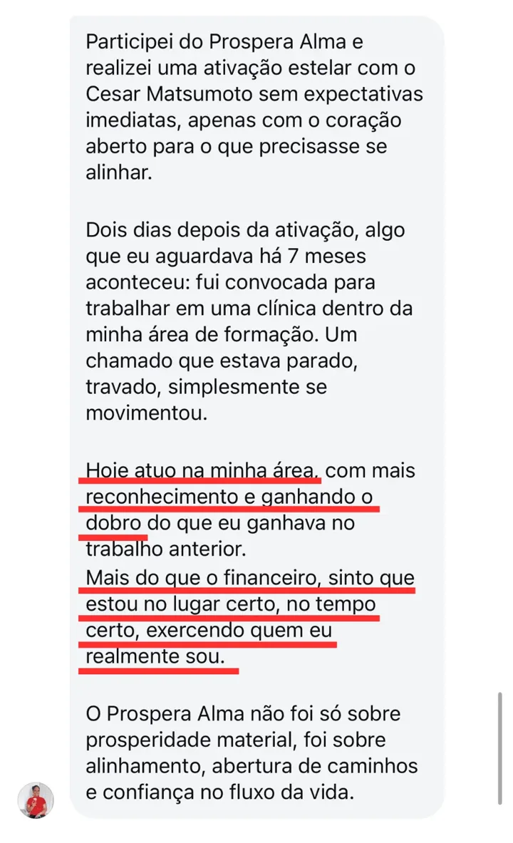 Print de relato da Lilian: convocada para trabalhar na área dela dois dias depois da sessão